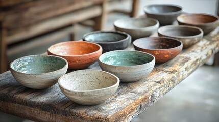 Artisan Pottery Bowls on Rustic Wooden Surface