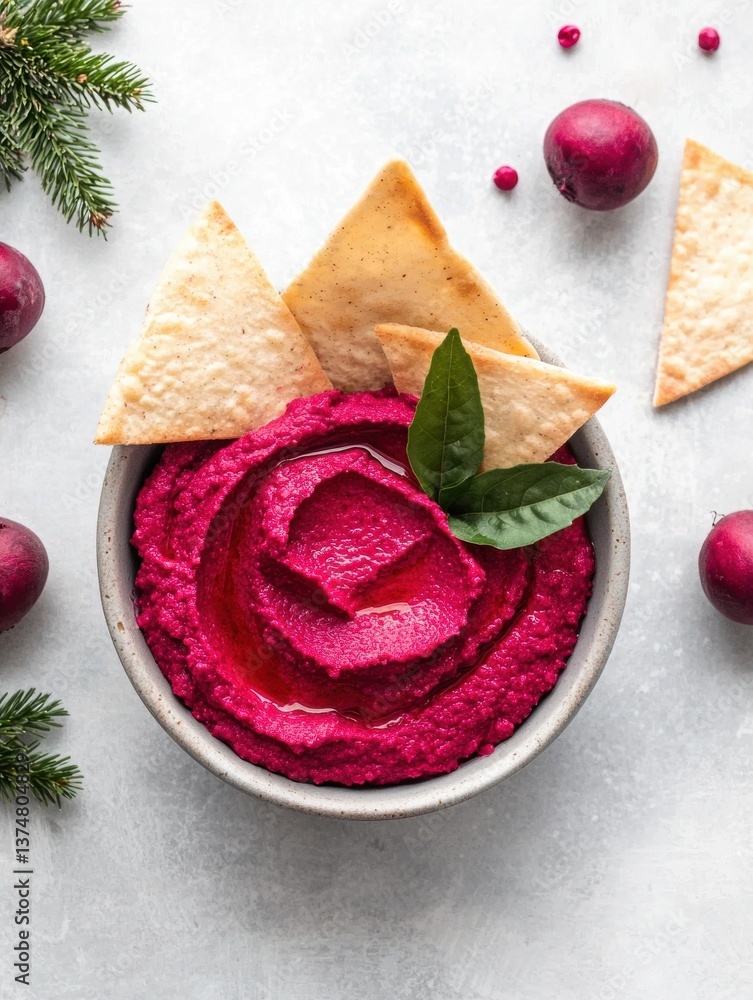 Poster flat lay of a bowl of red hummus with three triangular tortilla chips on top. the bowl is made of ce