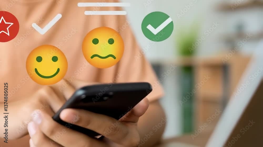 Poster person using a smartphone with feedback icons floating above near a laptop on a wooden desk top view
