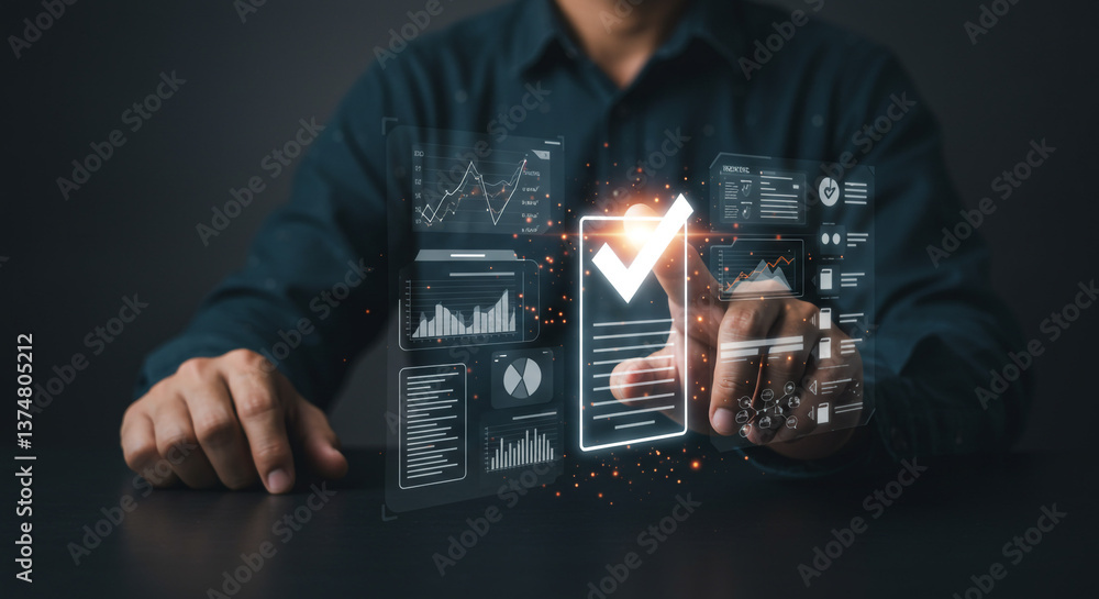 Poster a confident professional digitally approves a document, signifying successful project completion and