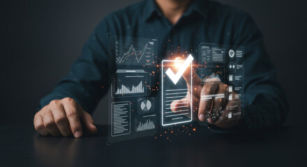 A confident professional digitally approves a document, signifying successful project completion and data analysis, illuminated by futuristic holographic technology.