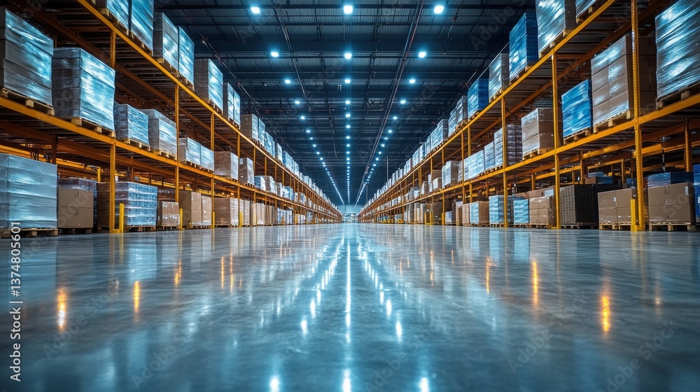 Fototapete Wide view of a spacious warehouse showcasing neatly stacked pallets and a polished floor reflecting the light from numerous high intensity LEDs.