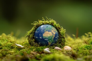 A miniature world globe nestled among vibrant green moss and shells