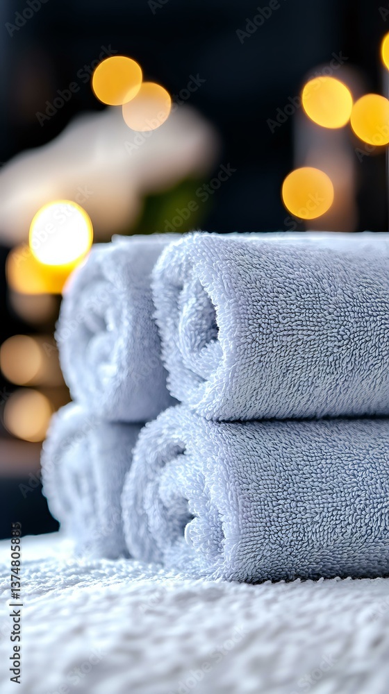 Aufkleber soft white spa towels stacked with warm bokeh lights in background creating relaxing atmosphere for 