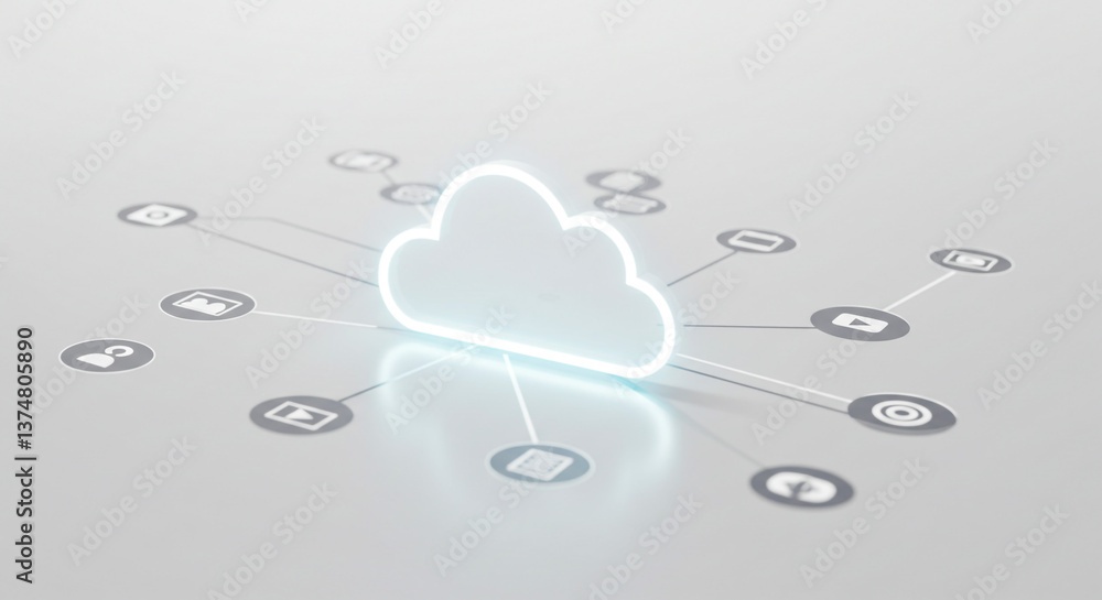 Poster a luminous cloud symbolizes seamless data connection and global network integration, depicted with a