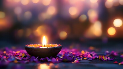 Glowing diya oil lamp surrounded by vibrant purple flower petals against blurred bokeh lights background creates spiritual ambiance for Diwali celebration.