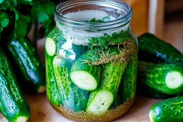 Slices of cucumbers are submerged in a tangy brine within a clear glass jar, surrounded by fresh cucumbers and herbs, showcasing the art of pickling