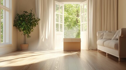 Fototapeta premium Bright, Airy Living Space with Moving Box