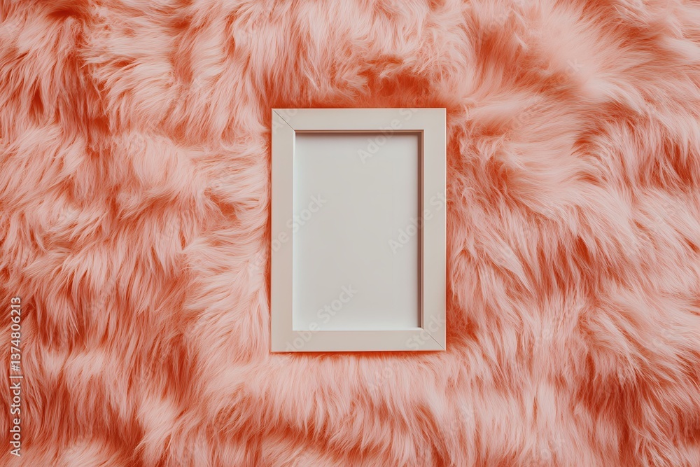 Poster white rectangular frame on coral pink faux fur background creating soft luxurious texture and minima