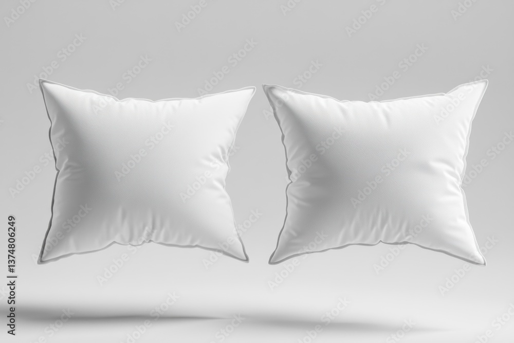 Poster two white square pillows float against a plain background, ideal for showcasing custom designs and c