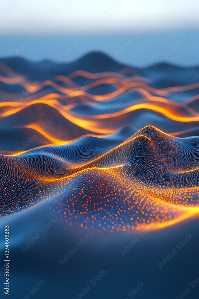 Poster abstract digital waves with glowing orange light flowing through blue particle landscape, creating d