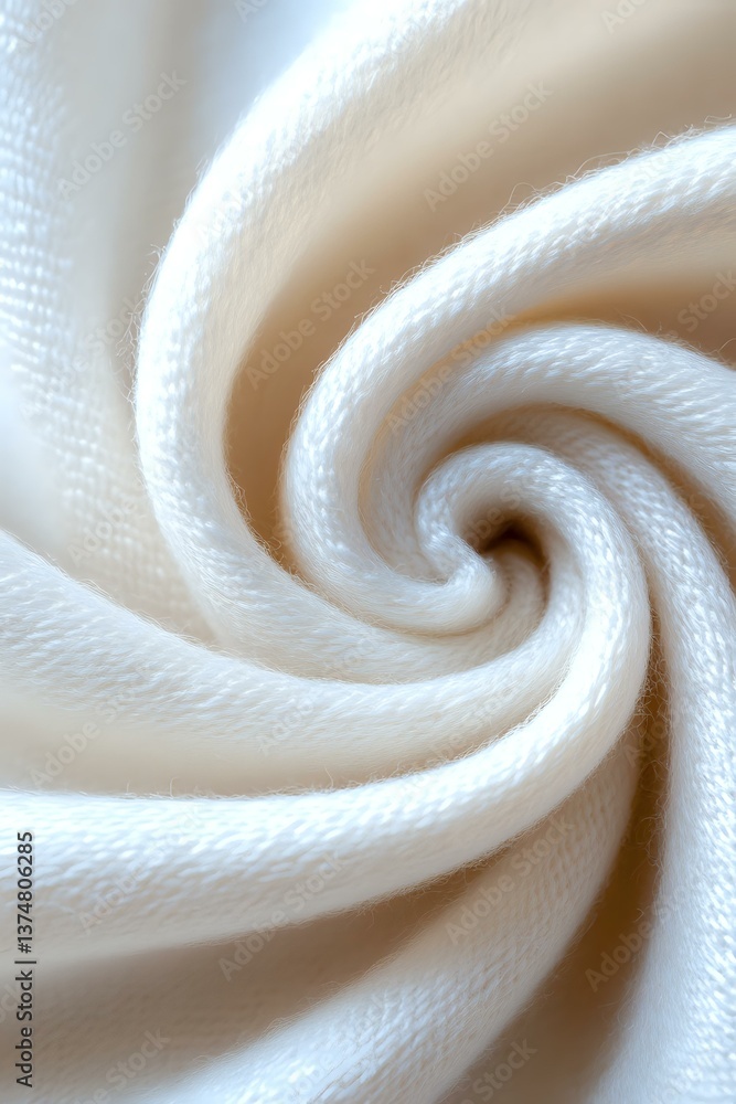 Poster soft white fabric twisted in elegant spiral pattern creates mesmerizing swirl texture with gentle fo
