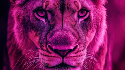 Old-style film photograph of a lion's face, in purple-pink tones. Wildlife illustration,