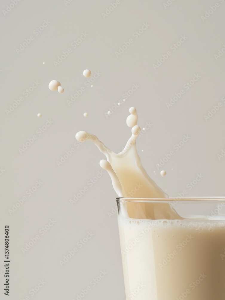 Poster glass of milk with a splash of milk in it. the glass is transparent and the milk is a light beige co