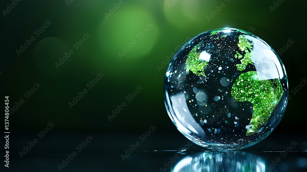Poster crystal globe showing green continents on dark background with bokeh effect, representing environmen