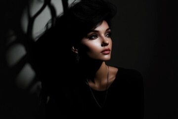 Naklejka premium Elegant caucasian female with dramatic lighting and shadow play