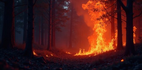 Fototapeta premium A forest of fiery flames on a dark background, flickering embers , heat, smoke, warmth
