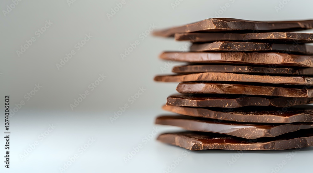 Poster broken dark chocolate pieces stacked in layers creating abstract geometric shapes against light back