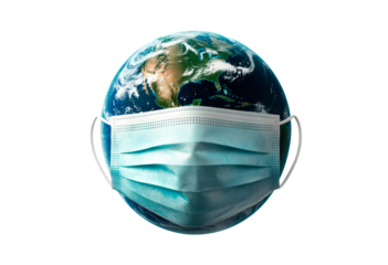 Earth wearing a protective mask symbolizing unity and health awareness isolated on transparent background