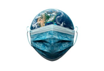 Global health awareness symbolized by earth wearing a protective mask isolated on transparent background