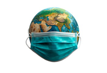 Global health awareness symbolized by earth wearing a protective mask isolated on transparent background
