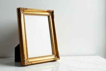 A golden picture frame sits atop a white marble table with a subtle glow, marble, gold frame