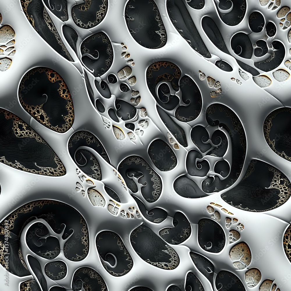 Poster abstract metallic structure with organic cellular patterns in silver and black, featuring intricate 