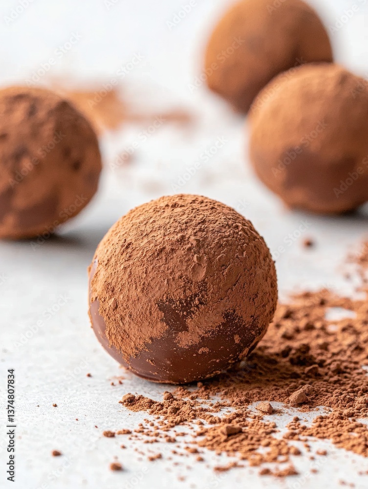 Poster four chocolate truffles on a white surface. the truffels are round and have a smooth texture. they a