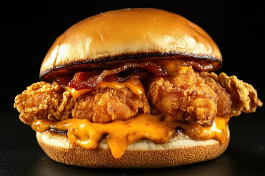 Bacon-wrapped fried chicken with melted cheese on a bun.