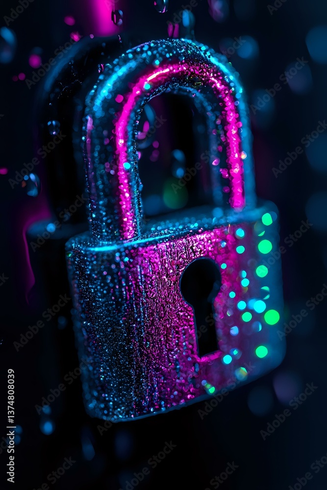 Poster glowing padlock illuminated by neon pink and blue lights with bokeh effect on dark background, repre