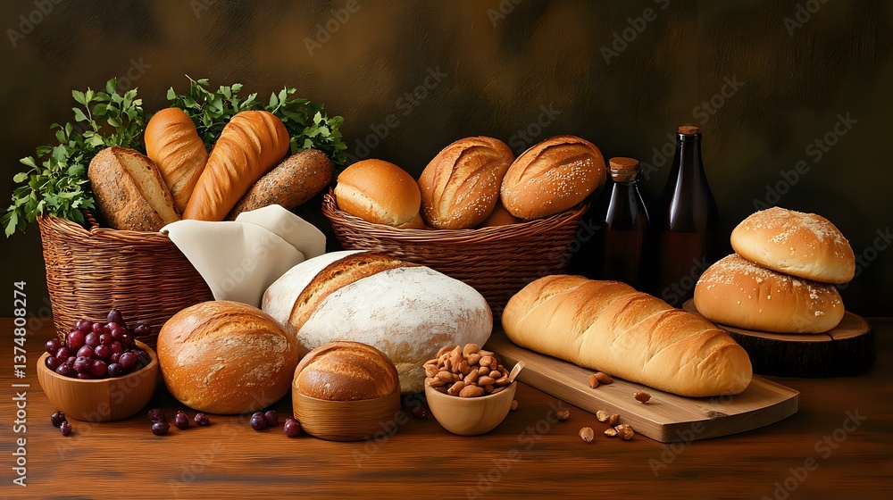 Poster fresh baked bread loaves and buns arranged with walnuts and cranberries in rustic setting on wooden 