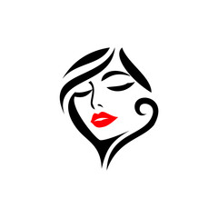 A stylish and elegant feminine beauty logo featuring a woman's face with flowing hair, red lips