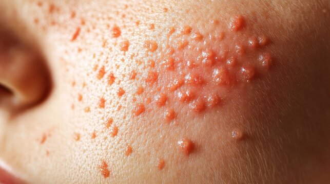 Painful red blisters marking shingles outbreak, covering facial skin during varicella zoster virus reactivation
