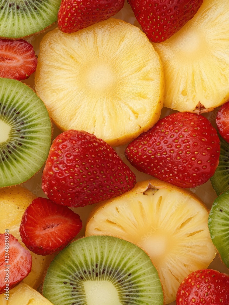 Poster close-up of a pile of sliced fruits. there are several slices of pineapple, kiwi, and strawberries a