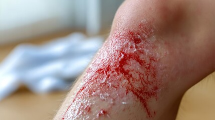 Cleaning infected second degree burn wound, applying transparent antiseptic gel on scarred leg, showing severe skin damage requiring professional medical intervention