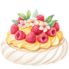 Mini pavlova dessert with raspberries and lemon curd decorated with flowers. Watercolor food isolated illustration.