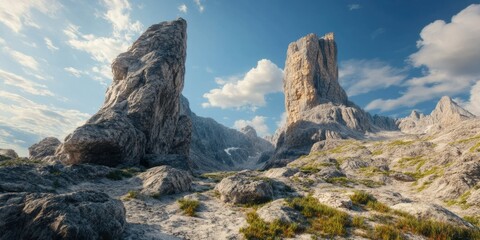 Breathtaking view of towering rock formations in an alpine setting, under a sunny sky.