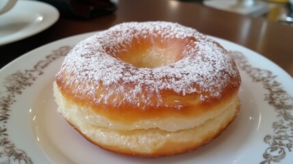 Sweet donut dusted with powdered sugar, sitting delicately on ceramic plate, radiating homemade warmth within soft cafe lighting