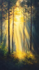 Sunrays glimmering through lush green trees in the forest image