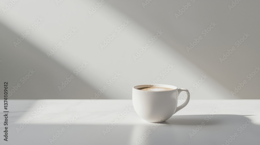Poster close-up of a white coffee cup on a white marble surface. the cup is empty and is placed in the cent