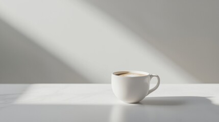 Close-up of a white coffee cup on a white marble surface. the cup is empty and is placed in the center of the image. the background is a plain white wall with a subtle shadow cast on it.