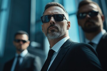 Businessmen in suits and sunglasses posing with confidence.