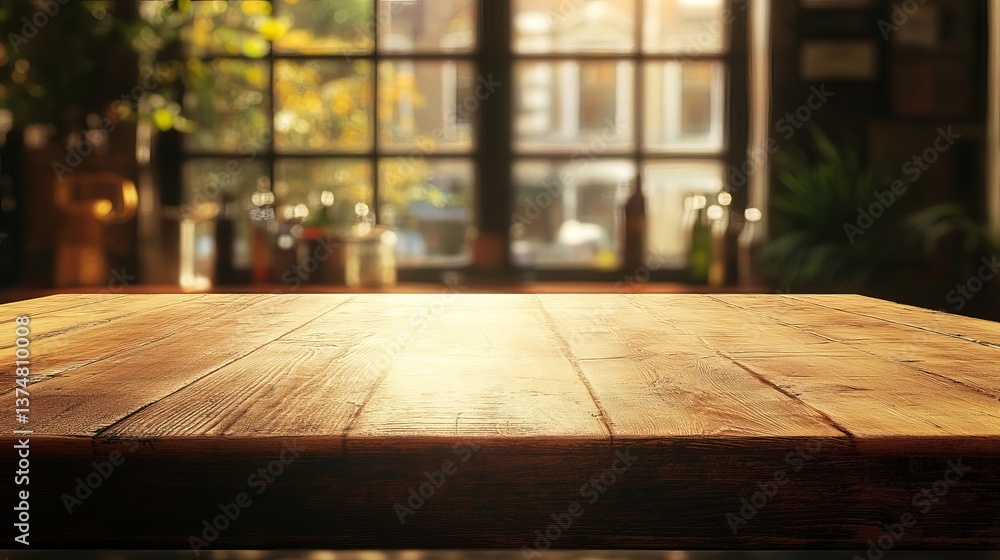 Poster rustic wooden tabletop background sunny window view warm light empty surface perfect for product dis