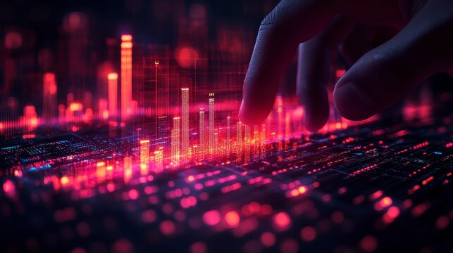 Hand interacts with red data visualization, resembling city skyline on a digital grid - Powered by Adobe