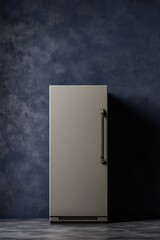 Minimalist single door refrigerator against textured dark wall