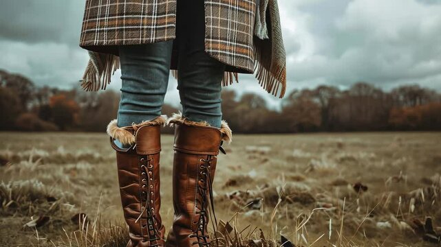 English countryside fashion with tweed jackets, riding boots, and wool scarves, capturing the rustic elegance of rural Britain