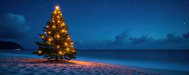 A single Christmas tree standing alone on a sandy tropical beach under starry night sky, peaceful, tree, serene