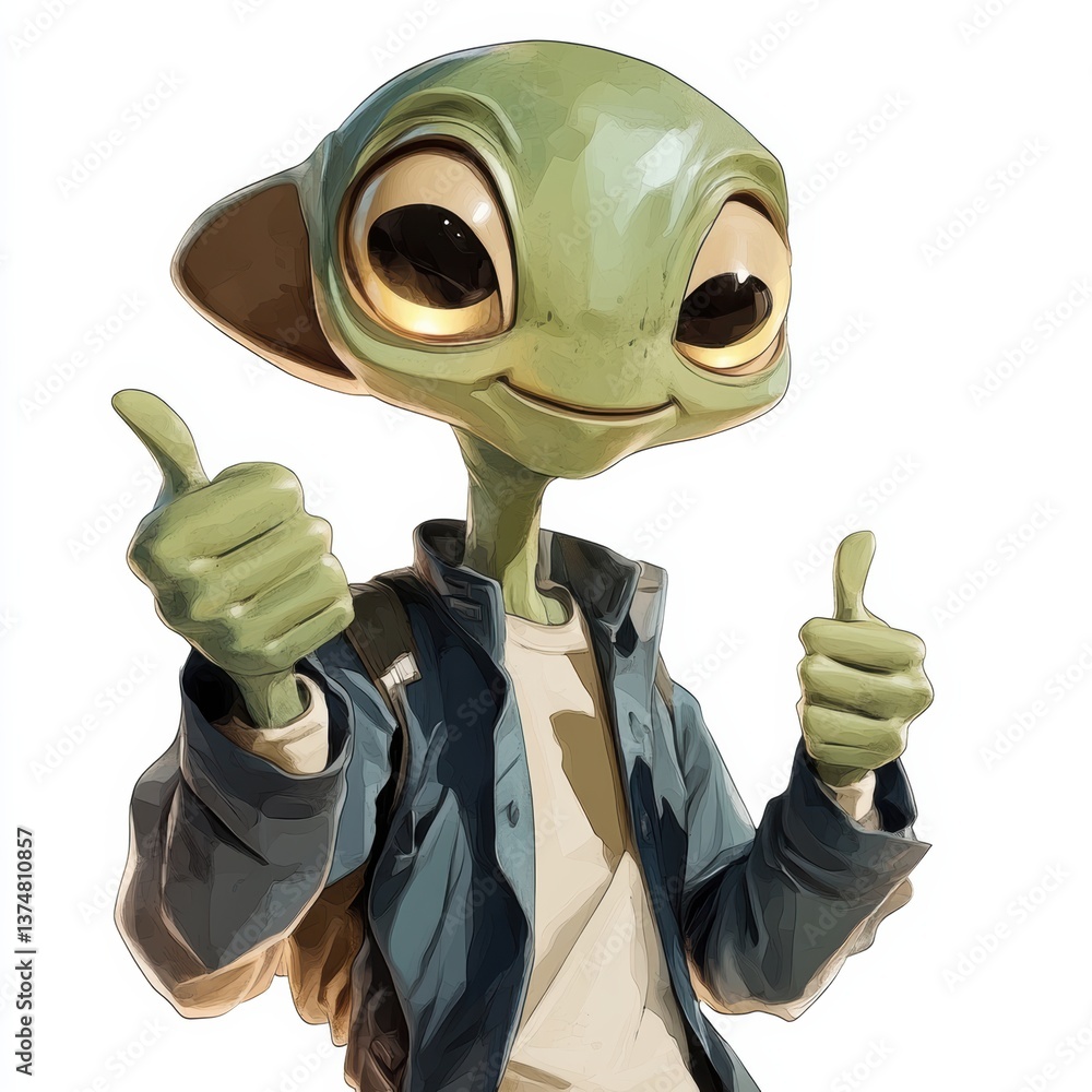 Poster cheerful alien character giving thumbs up in retro-futuristic vibrant style generative ai