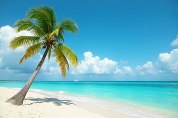 A single palm tree stands alone on the deserted sandy shore, with turquoise waters and a sky full of clouds, cloud, sand