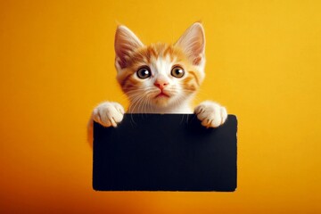 Animal looking friendly. &ETH;&iexcl;ute cat turkish van hold in front paws a template - large dark black lane sign. Promo shot of pet. Isolated young cat on a solid dress code bright orange background.